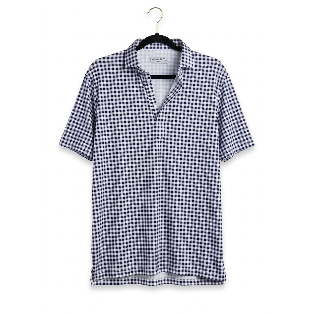 Collars & Co Mens Dress Collar Polo Shirt Navy White Gingham Large Short Sleeve